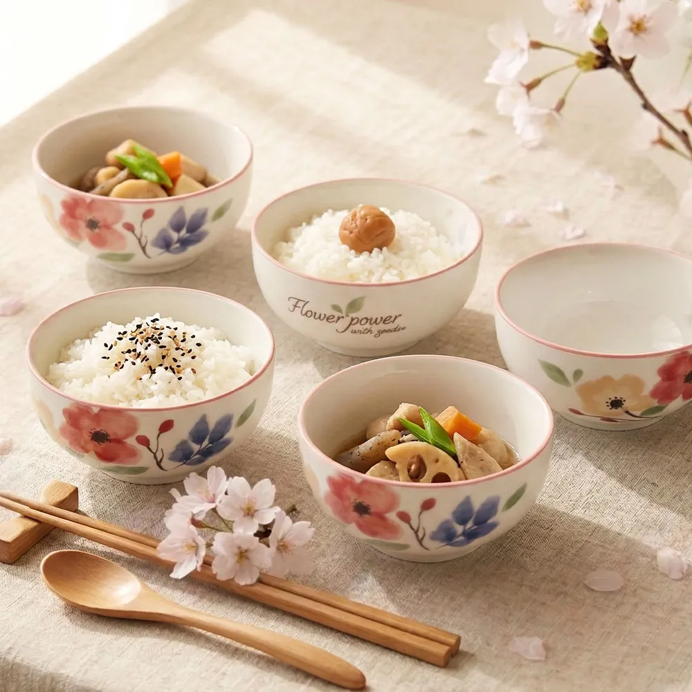 【Just Home】映花陶瓷5吋飯碗5件組/6吋麵碗4件組-擇一款(可微波餐具/飯碗/麵碗/湯碗)
