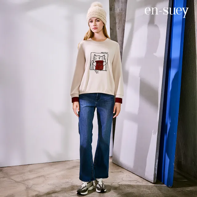 【en-suey 銀穗】網路限定 撞色拼接貓咪印花上衣-女