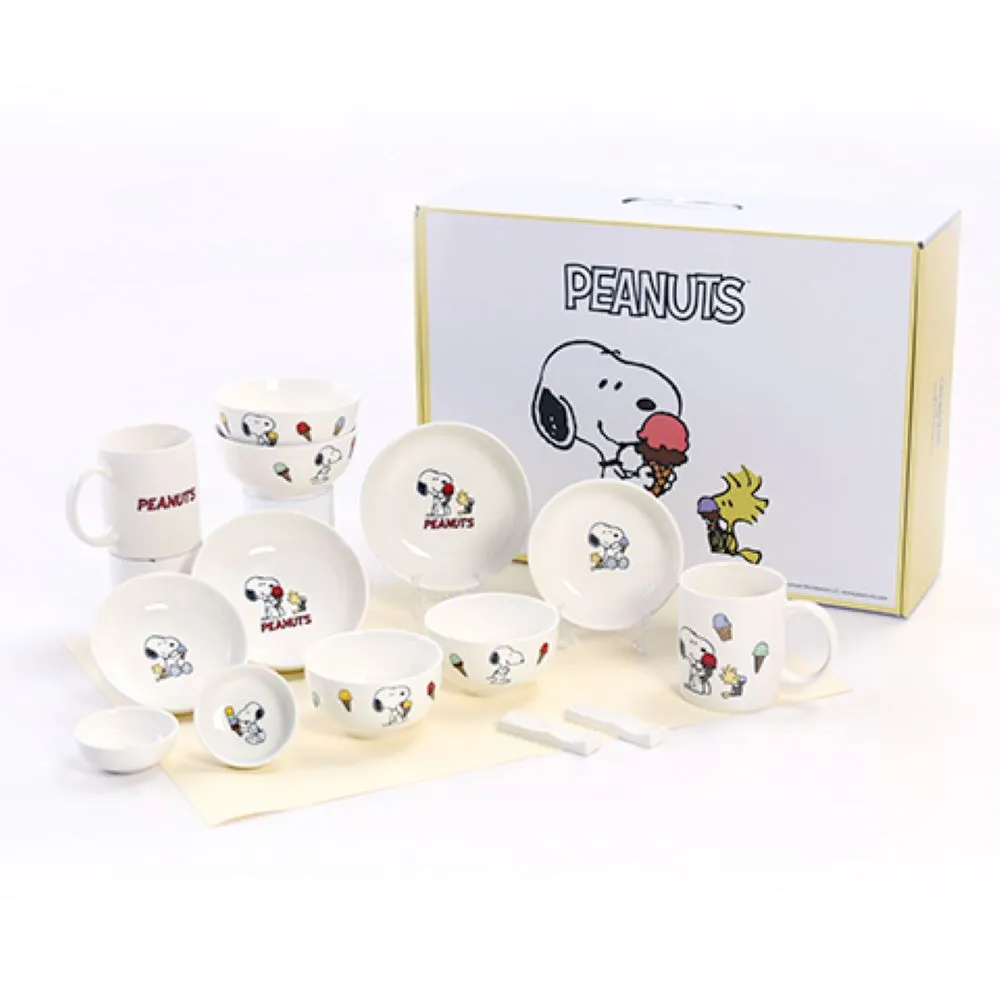 【CorelleBrands 康寧餐具】SNOOPY史努比14件式陶瓷碗盤餐具禮盒-ICECREAM