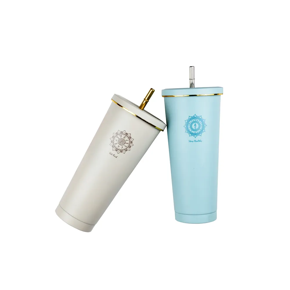 【命運好好玩】買1送1 招財/元氣不鏽鋼保冰保溫吸管杯750ml+招財水x2(財神/藥師佛種子字/大地天空雙色系)