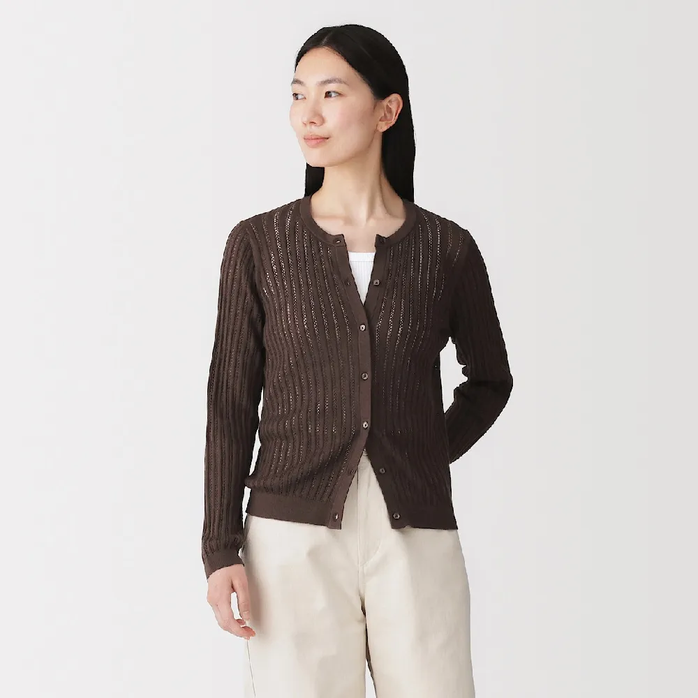【MUJI 無印良品】女柔滑羅紋鏤空編織圓領開襟衫(黑色/象牙白/深棕)