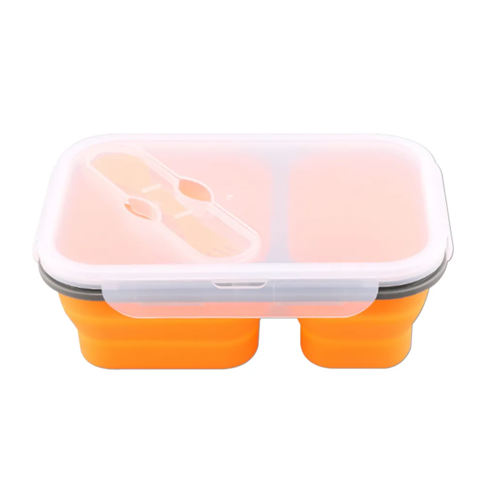 【Time Leisure 品閒】可微波食品級二格矽膠折疊收納便當盒