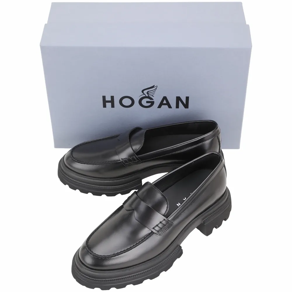 【HOGAN】10-Storey 光滑小牛皮厚底鋸齒樂褔鞋-黑色(皮鞋 樂福鞋 厚底鞋)