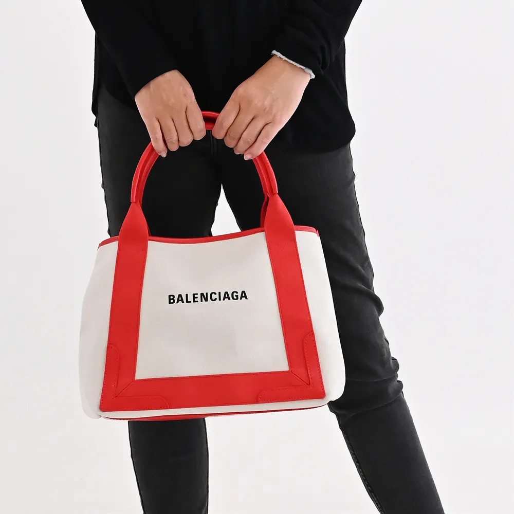【Balenciaga 巴黎世家】NAVY 簡約LOGO厚帆布拼接附萬用袋大手提包托特包(紅邊)『entrupy安心購』