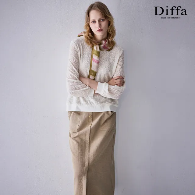 【Diffa】圓領蕾絲花長袖針織衫-女