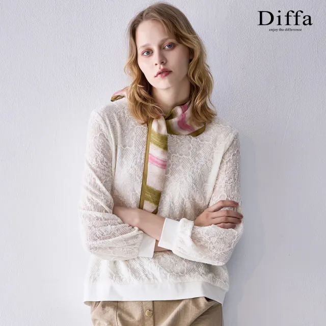 【Diffa】圓領蕾絲花長袖針織衫-女