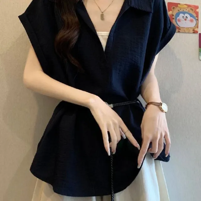 【ASister 小姊姊】AS2741#女裝｜上衣☆中大尺碼POLO領假兩件附腰帶上衣(2色 S-4XL)