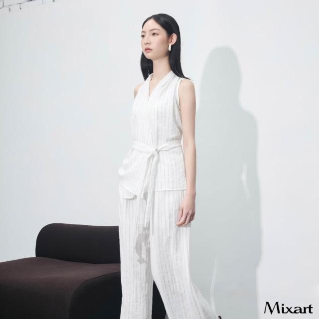 【Mixart】無袖套裝  智性美學 淨白條紋鬆弛感套裝