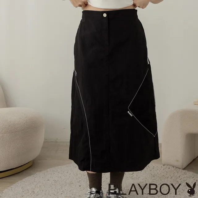 【PLAYBOY】網布拼接個性長裙 - 黑色