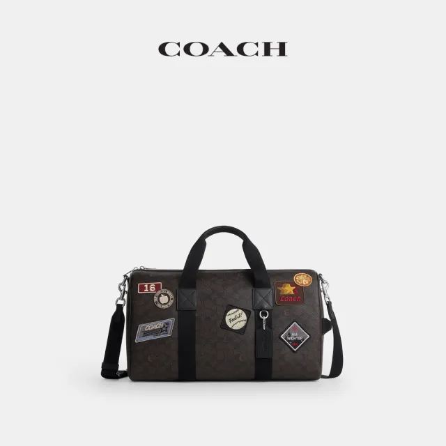 【COACH】蔻馳官方直營 EXPLORER 45 經典 SIGNATURE 貼飾行李袋 旅行袋 斜背包-SV/核桃棕色/黑色(CGA25)
