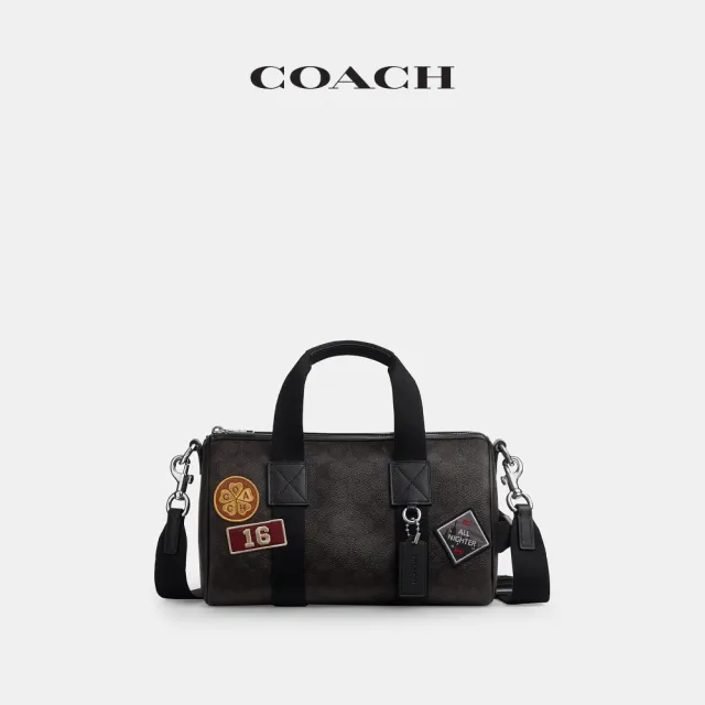 【COACH】蔻馳官方直營 EXPLORER 28 經典 SIGNATURE 貼飾行李袋 旅行袋 斜背包-SV/核桃棕色/黑色(CGA26)