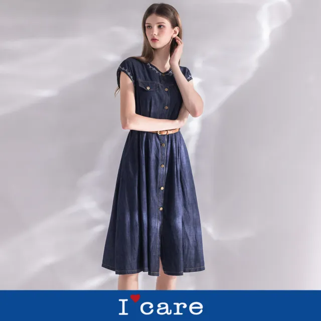 【I’Care 依卡】現貨-復古牛仔民族風刺繡圓領洋裝（M-L）｜洋裝推薦 牛仔洋裝 休閒穿搭