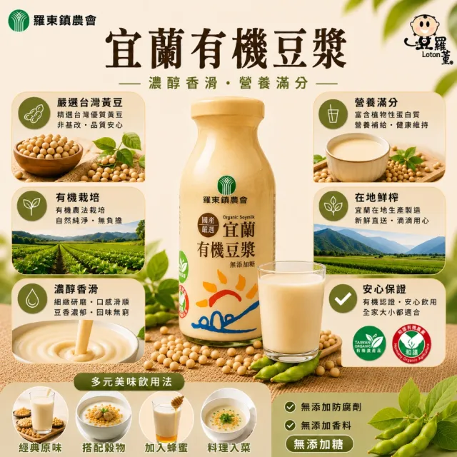 【農會】羅東鎮農會 宜蘭有機豆漿x2箱 (195ml*12入)(健康飲品/豆奶/無糖)