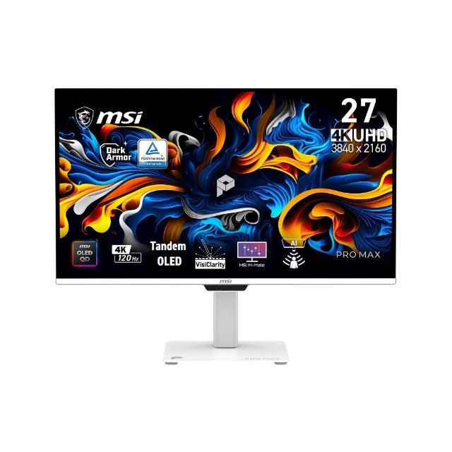 【MSI 微星】PRO MAX 271UPXW12G 27型 QD-OLED 120Hz 支援MAC 護眼專業繪圖美型螢幕-白(Type-C/內建喇叭)