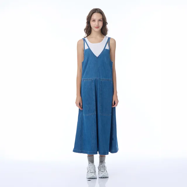 【NAUTICA】官方旗艦 女裝 率性牛仔吊帶長洋裝-藍色