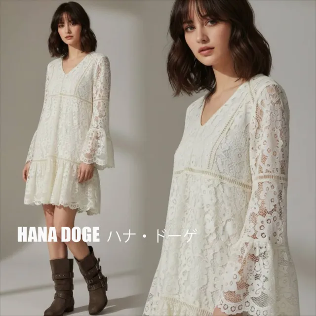 HANA DOGE ハナ・ドーゲ 浪漫女神風蕾絲簍空小清新喇叭袖洋裝