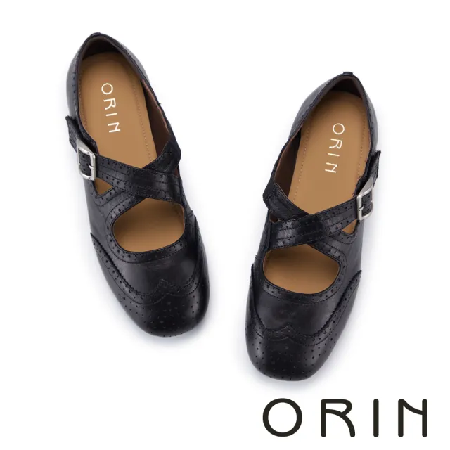 【ORIN】油蠟羊皮雕花金屬釦平底鞋 黑色