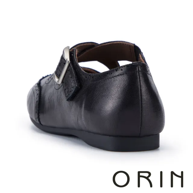 【ORIN】油蠟羊皮雕花金屬釦平底鞋 黑色