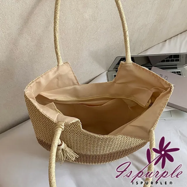 【iSPurple】雙11 復古草編 流蘇單肩托特沙灘背心包/米色