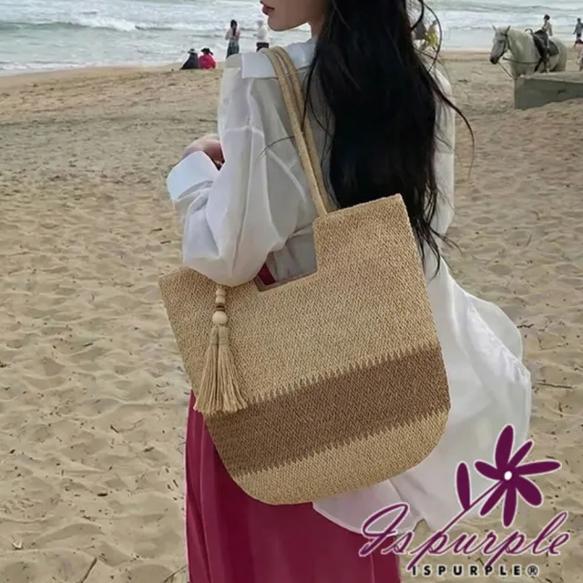 【iSPurple】雙11 復古草編 流蘇單肩托特沙灘背心包/米色