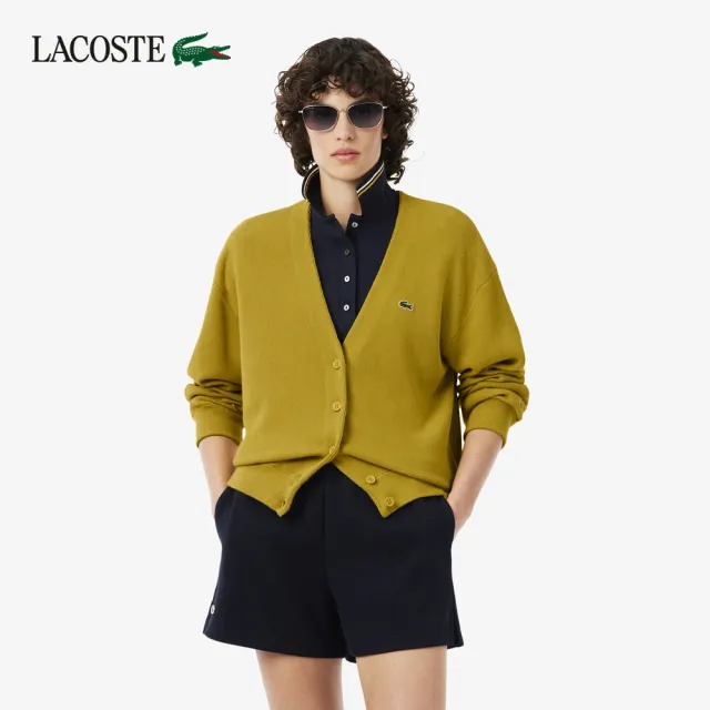 【LACOSTE】女款-V領Moss Stitch棉羊毛開襟衫(芥末黃)