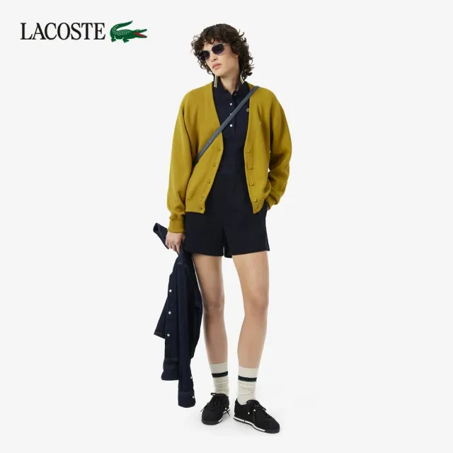 【LACOSTE】女款-V領Moss Stitch棉羊毛開襟衫(芥末黃)