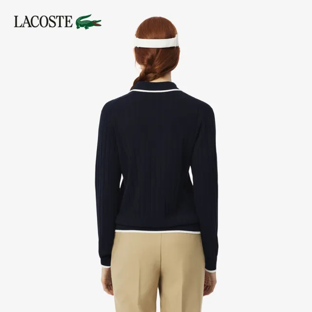 【LACOSTE】女款-Polo領彈性高爾夫針織長袖毛衣(海軍藍)