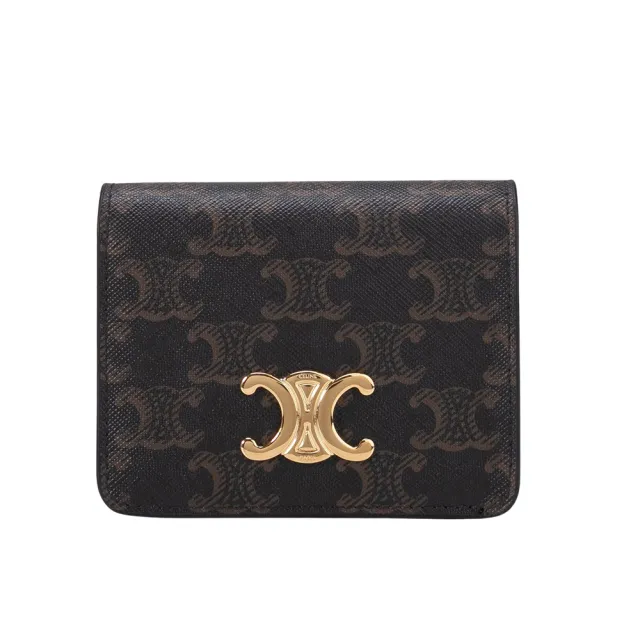 【CELINE】CELINE Triomphe 凱旋門帆布LOGO金扣短夾(棕色)