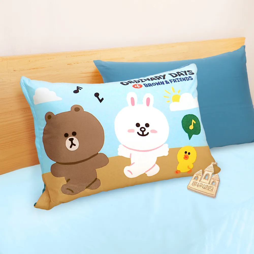 【享夢城堡】MIT卡通枕頭63x45cm一入－LINE FRIENDS 熊大兔兔平凡的一天-藍 / 正版授權中枕