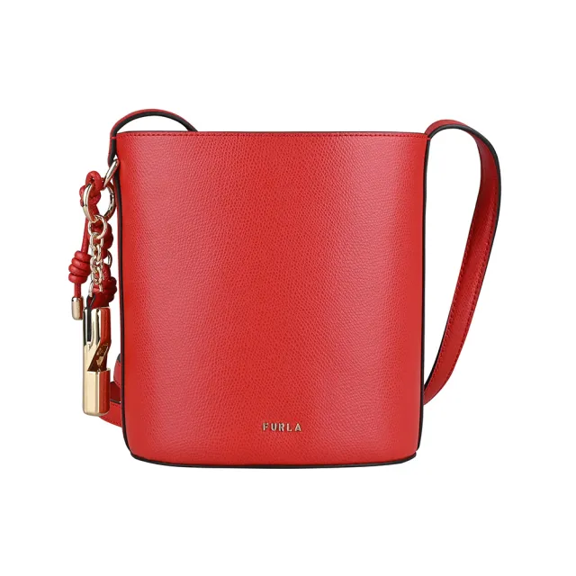 【FURLA 芙拉】FURLA精品小牛皮吊飾編織磁釦斜背水桶包(迷你/紅)