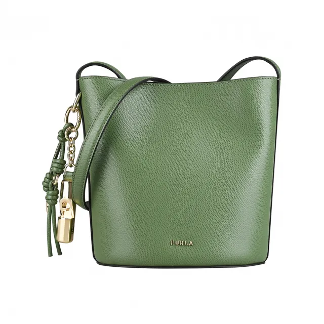 【FURLA 芙拉】FURLA精品小牛皮吊飾編織磁釦斜背水桶包(迷你/綠)