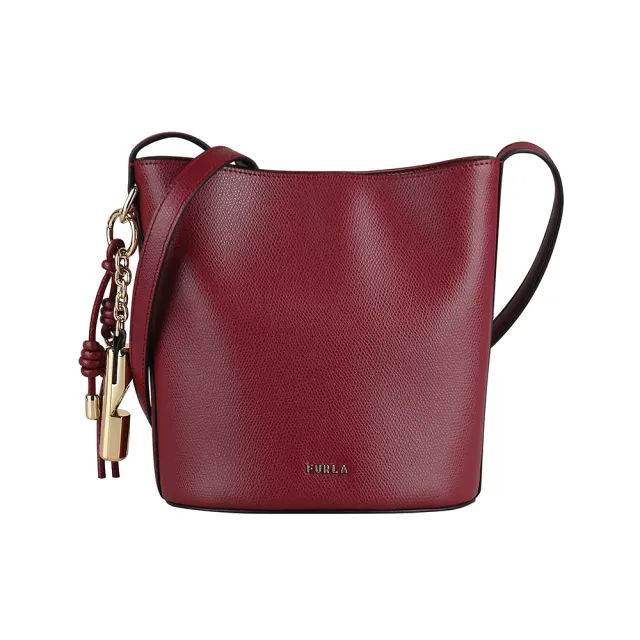 【FURLA 芙拉】FURLA精品小牛皮吊飾編織磁釦斜背水桶包(迷你/深紅)