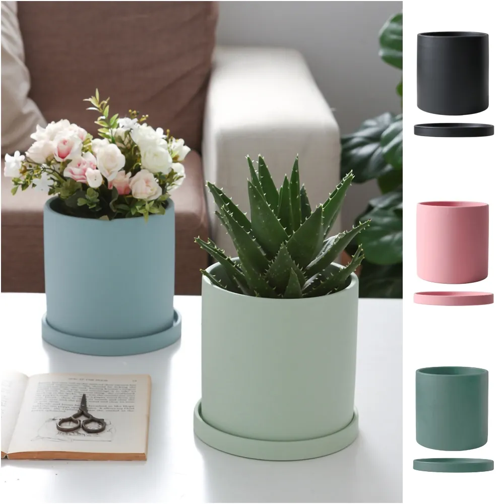 【KOTI 日安生活】莫蘭迪色陶瓷花盆圓筒形附底盤/盆栽/花槽-13cm(有底孔透氣排水好)