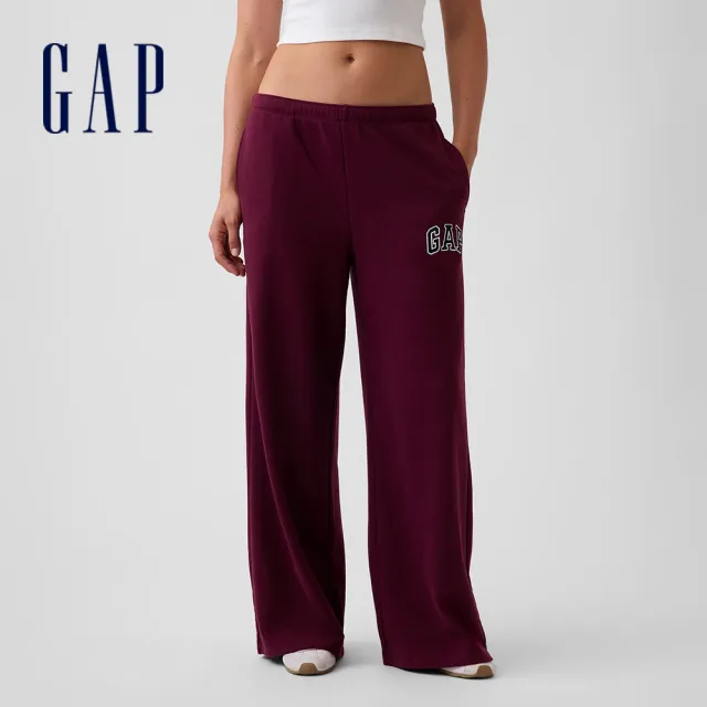 【GAP】Gap Logo法式毛圈布寬管慢跑褲-深酒紅(887992)