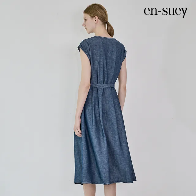 【en-suey 銀穗】落肩開襟腰帶長洋裝-女(丹寧)