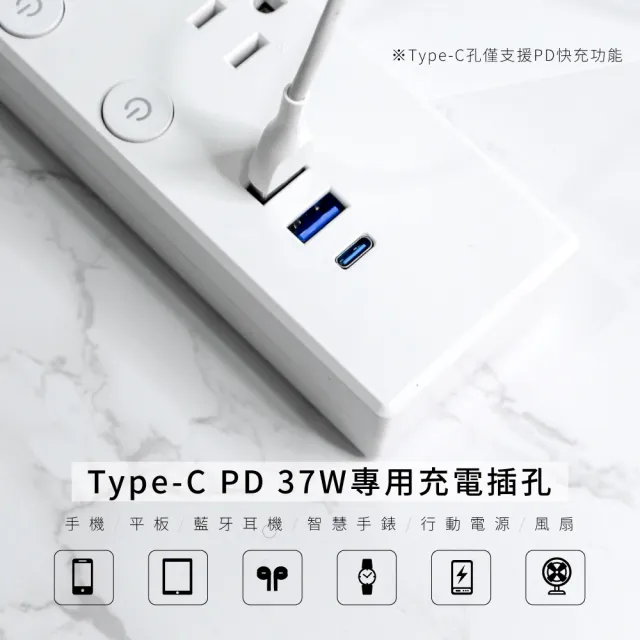【KINYO】四開三插PD37W快充延長線 1.8M 快速充電(CGUPD343-6)