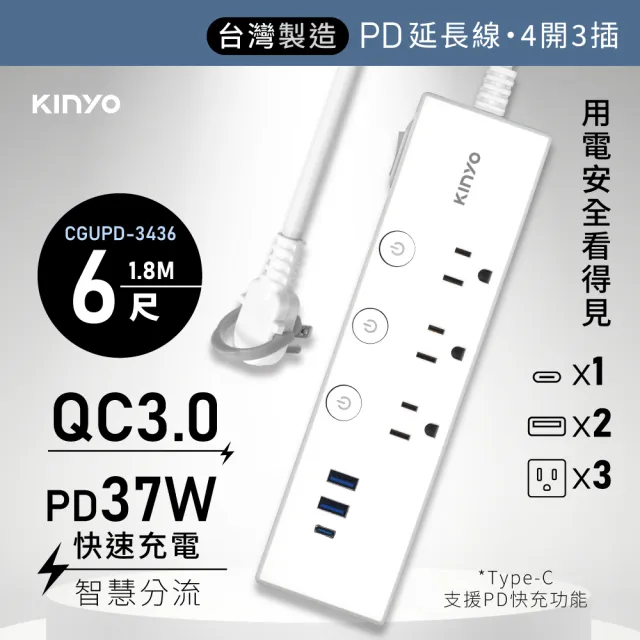 【KINYO】四開三插PD37W快充延長線 1.8M 快速充電(CGUPD343-6)