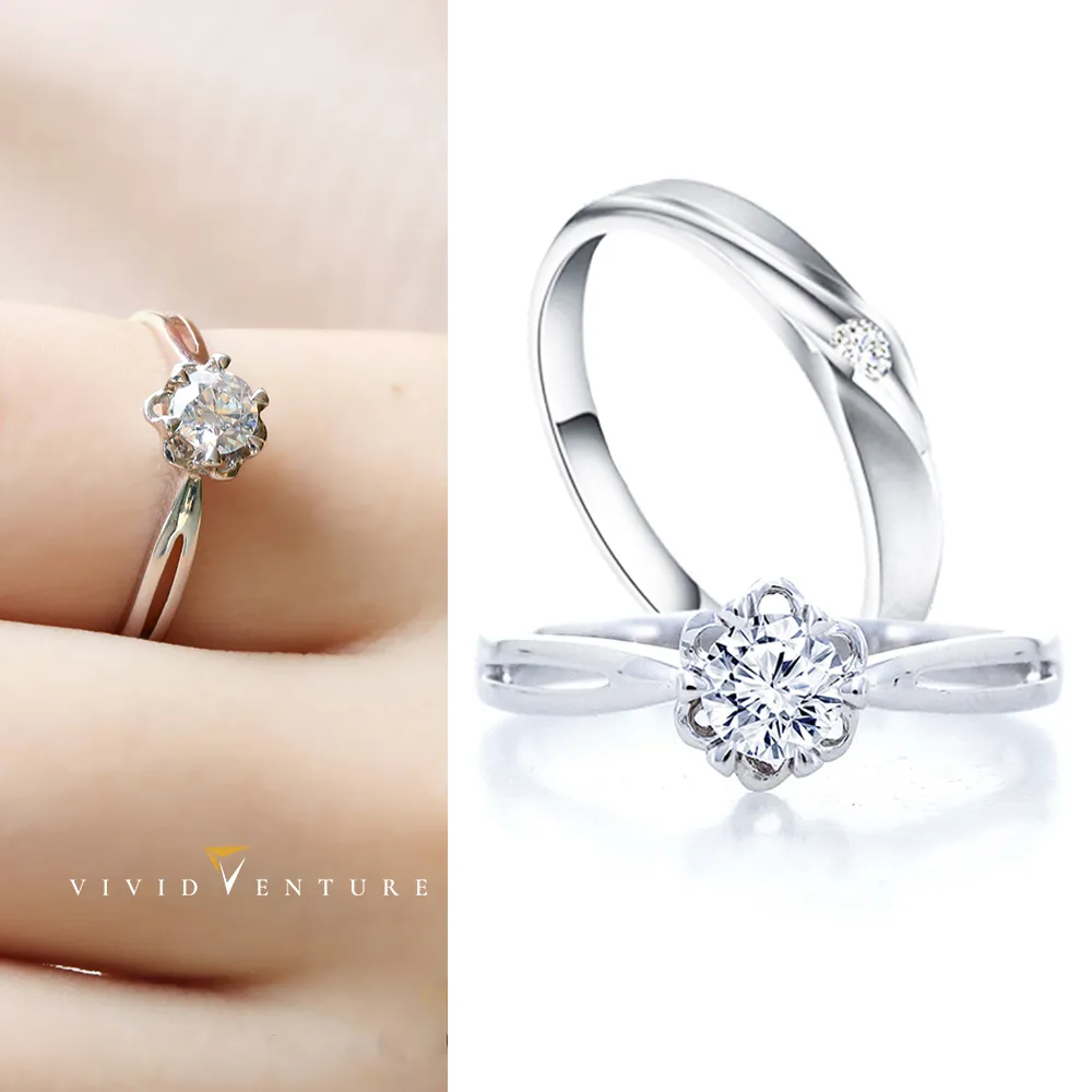 【Vividventure 亞帝芬奇】14K 天然鑽石 GIA 30分 FSI2 戒指+10分 鑽石 男戒 愛的綻放(對戒 結婚 套組)