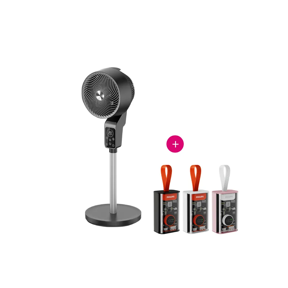 【Philips 飛利浦】1+1超值組 9吋 直立式DC渦流定時循環扇+透明美學行充(ACR3142CF+DLP5715)