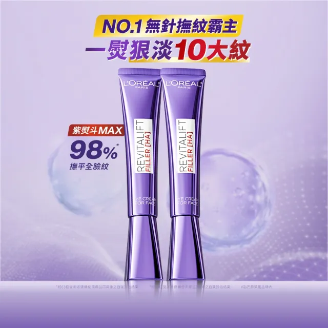 【L’OREAL Paris 巴黎萊雅】玻尿酸眼霜級撫紋精華霜30ml_2入(紫熨斗)