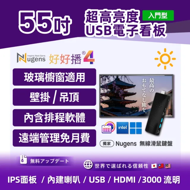【Nugens 捷視科技】好好播 55吋超高亮度USB電子看板+迷你電腦棒(智慧數位廣告看板電子海報廣告機)