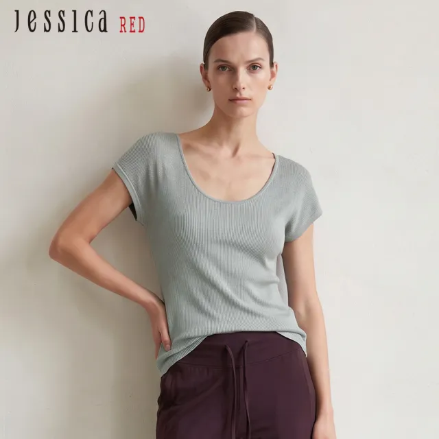 【Jessica Red】百搭休閒寬圓領羅紋短袖針織上衣（藍）R63503
