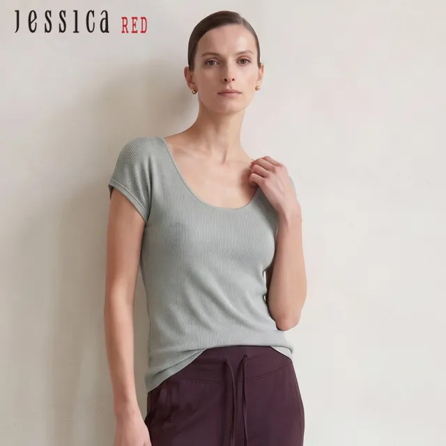 【Jessica Red】百搭休閒寬圓領羅紋短袖針織上衣(藍)R63503