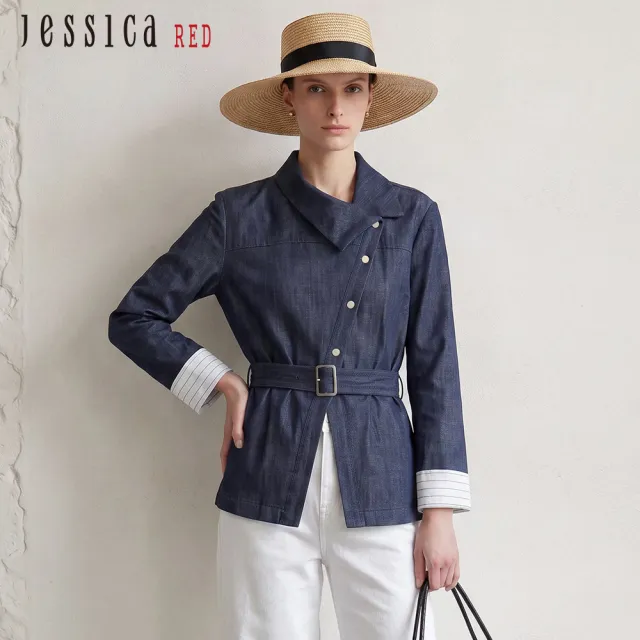 【Jessica Red】百搭時尚翻領不對稱設計條紋袖棉質牛仔外套R62001