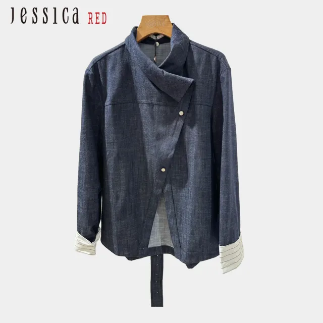 【Jessica Red】百搭時尚翻領不對稱設計條紋袖棉質牛仔外套R62001