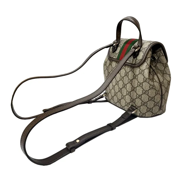 【GUCCI 古馳】836854 經典Ophidia綠紅綠GG帆布迷你手提後背包(棕色)