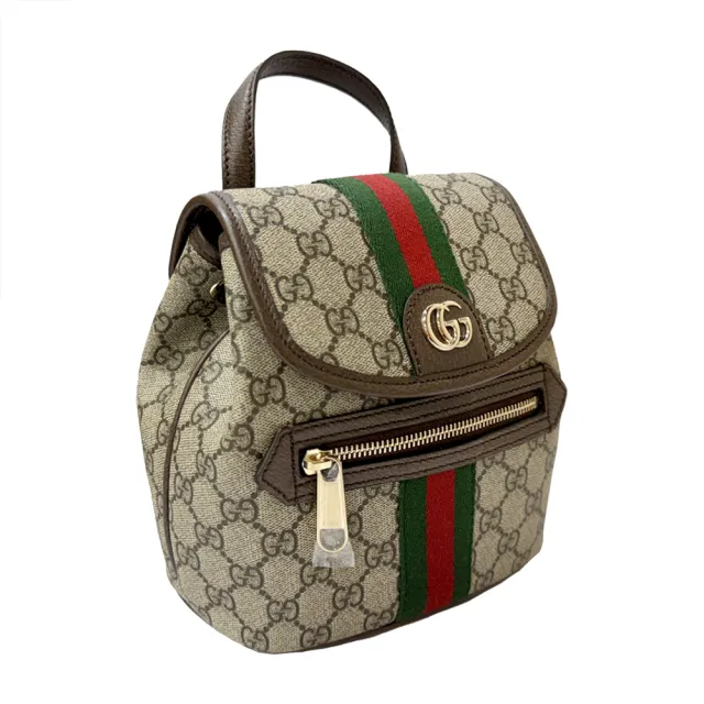 【GUCCI 古馳】836854 經典Ophidia綠紅綠GG帆布迷你手提後背包(棕色)