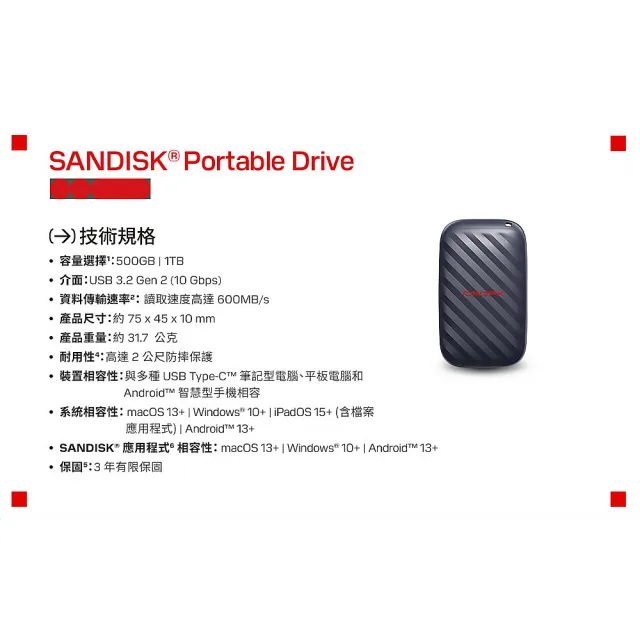 【SanDisk 晟碟】E10 Portable Drive 外接固態硬碟 1TB (公司貨)