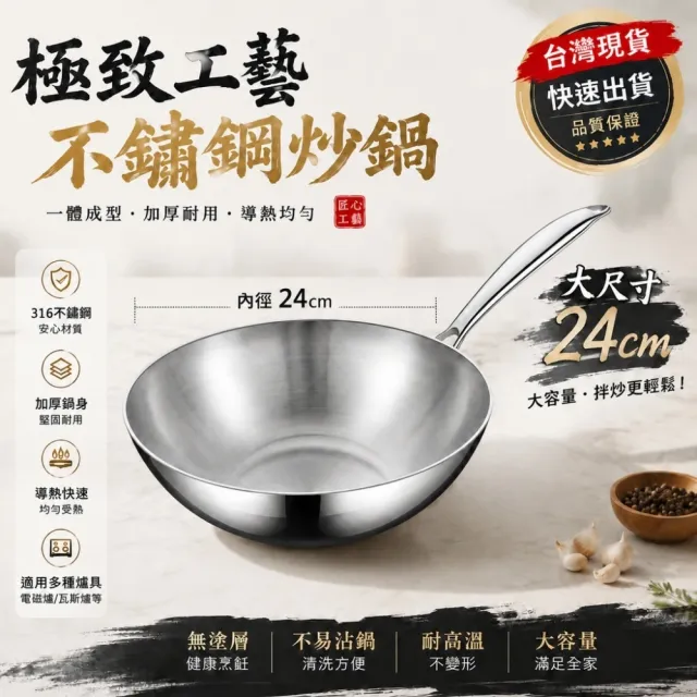 【銘利萊】316不鏽鋼炒鍋 加厚七層鋼煎炒鍋 不粘鍋 無塗層無蓋 明火電磁爐通用 24cm炒菜鍋