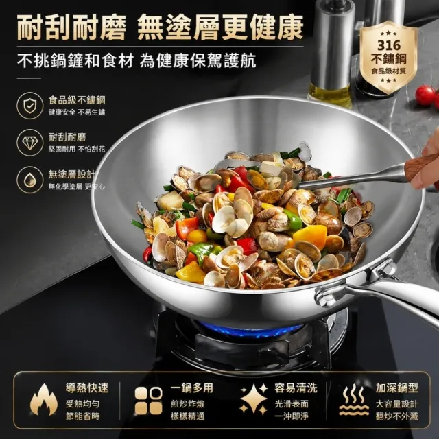 【銘利萊】316不鏽鋼炒鍋 七層複合鋼 炒菜鍋 煎炒鍋 26-28cm無塗層鍋 不鏽鋼鍋 電磁爐通用款